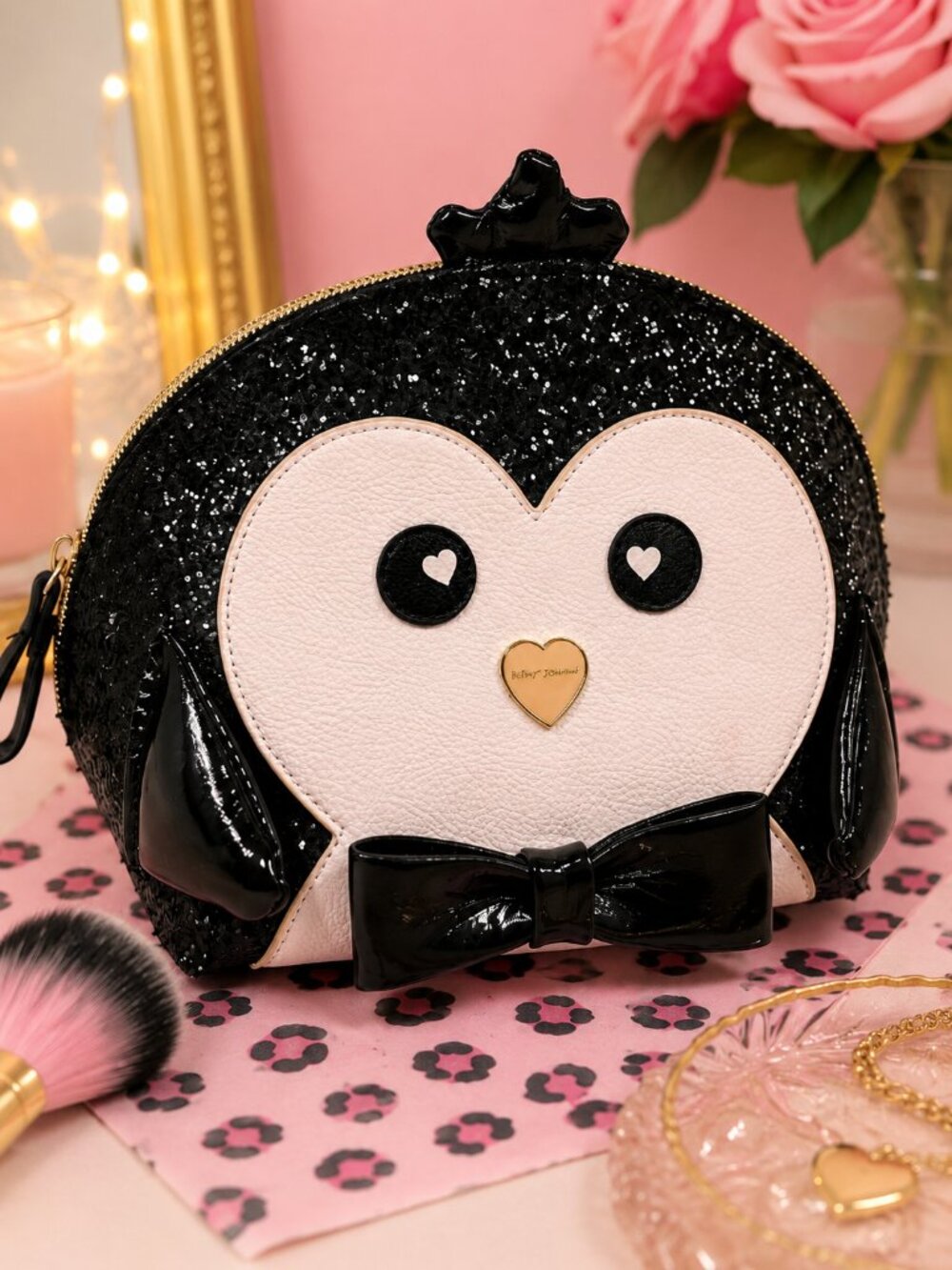 BETSEY JOHNSON Penguin Glitter Cosmetic Bag Makeup Case Black White Bow Zip Pouc